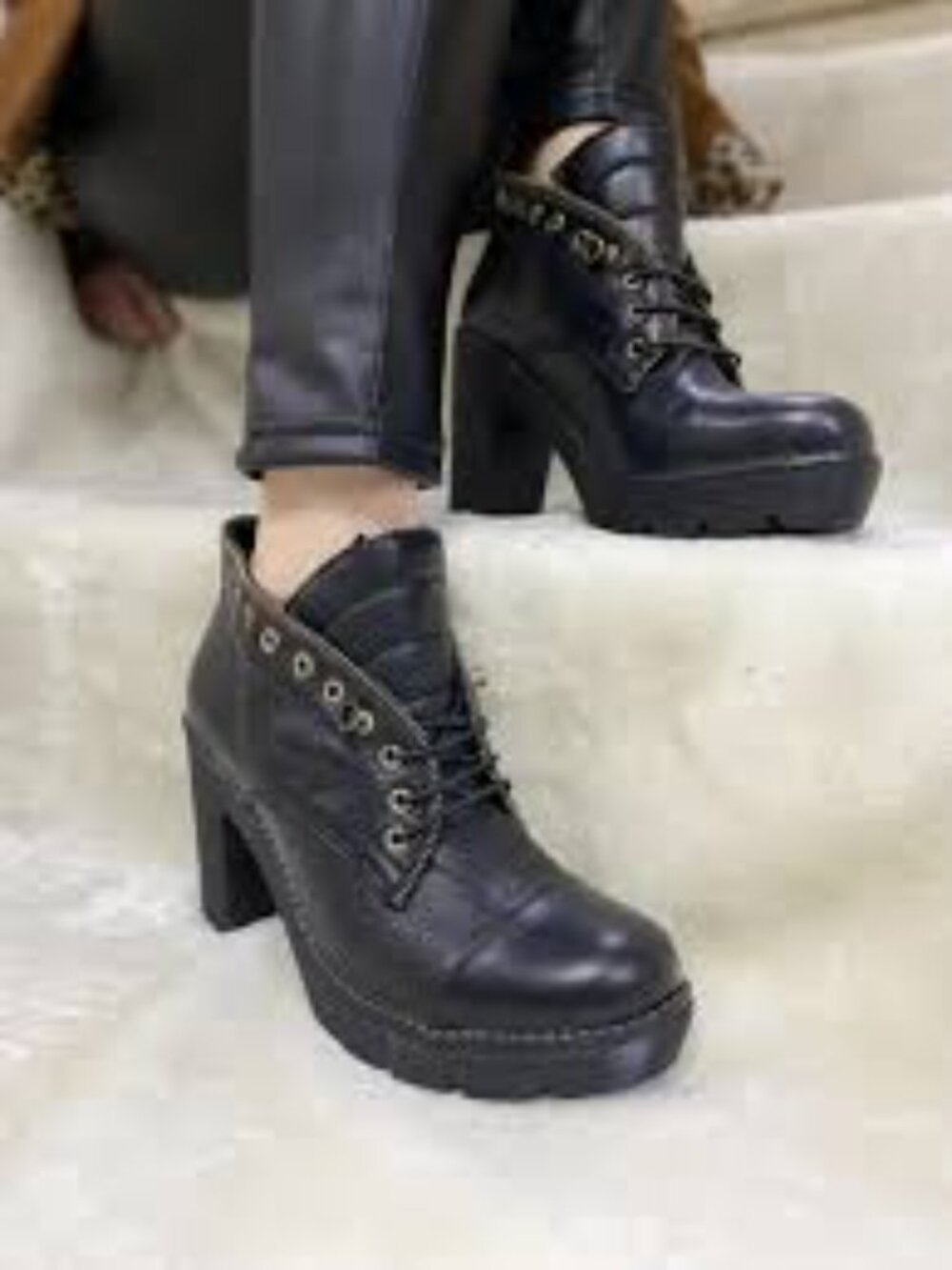 Black Leather Steampunk Platform Heel Ankle Boots with Decorative Zipper